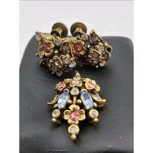 Hollycraft 1950 Pendant & Earrings Set Pastel Rhinestones Vintage Jewelry